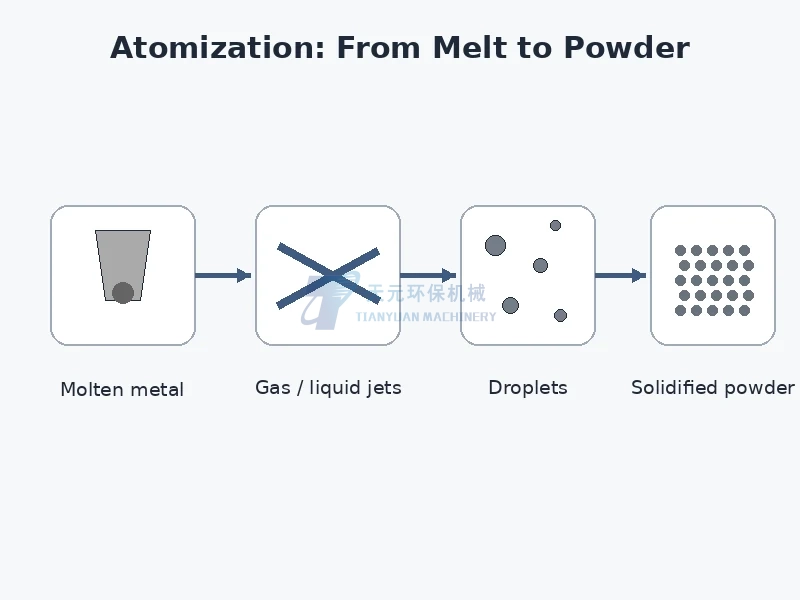 Simplified metal powder atomization process from molten metal through gas or liquid jets to solidified powder particles