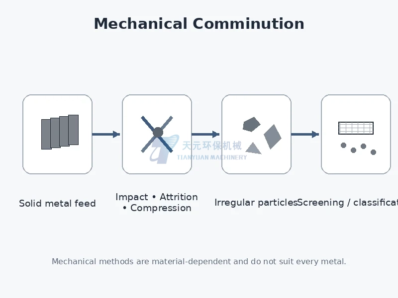 Mechanical comminution of solid metal using impact attrition and compression followed by screening or classification
