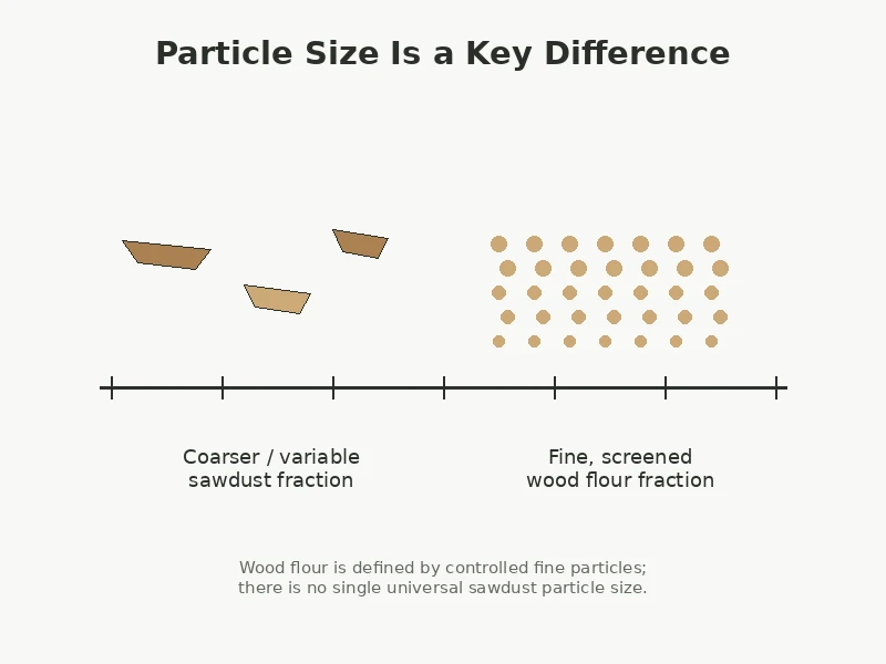 Illustration comparing coarse variable sawdust particles with a finer screened wood flour fraction