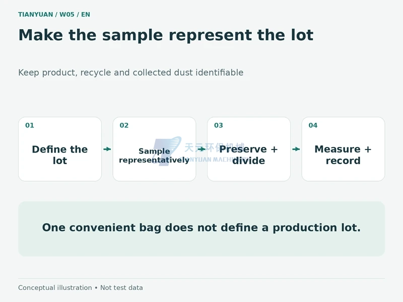 Representative lot sampling workflow separating product, recycle and collected dust