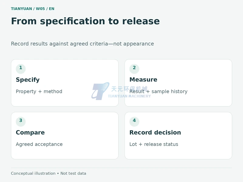 Wood flour acceptance workflow from agreed specification through measurement, comparison and lot release