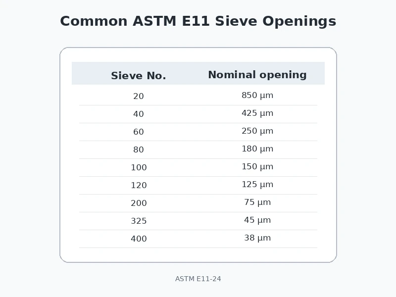 Common ASTM E11 sieve numbers and nominal openings in microns