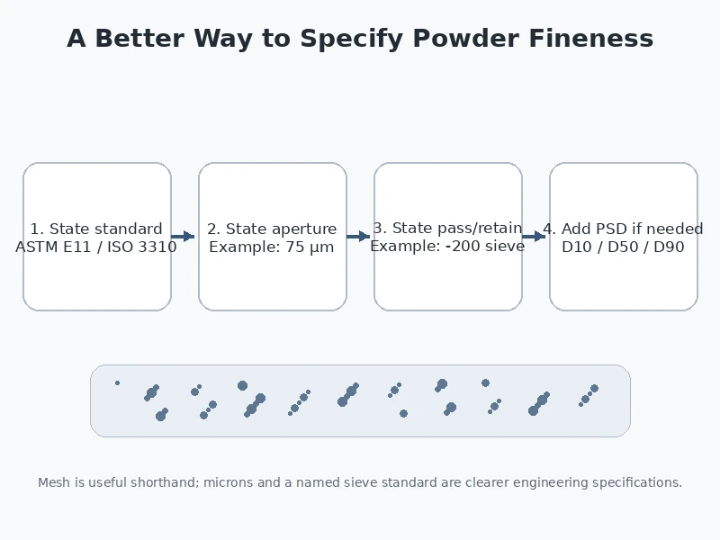 Recommended method for specifying powder fineness using sieve standard aperture passing requirement and particle size distribution