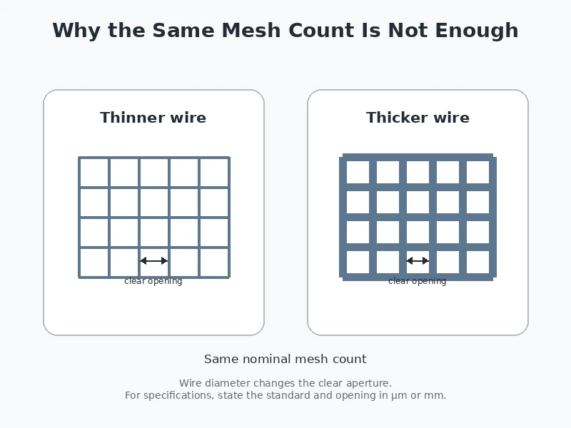 Illustration showing how different wire diameters change the clear opening at the same mesh count