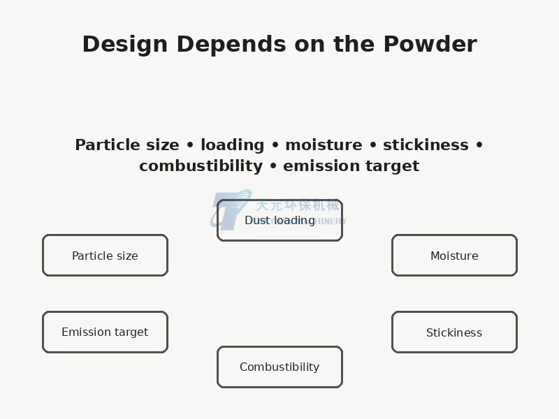 Powder dust collection system selection factors including particle size, loading, moisture and combustibility