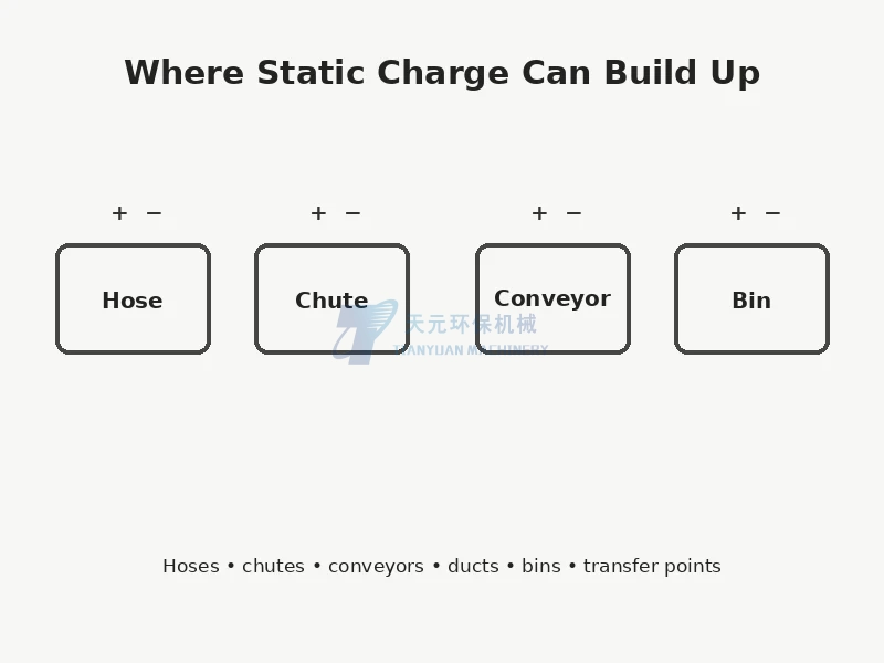 Common powder conveying locations where static charge can accumulate