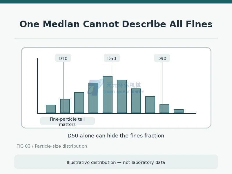 Illustrative particle size distribution with D10 D50 and D90 and a fine-particle tail, not measured data