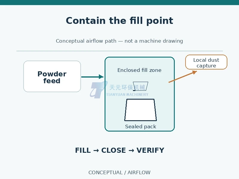 Conceptual enclosed fine powder filling zone with local dust extraction; not a Tianyuan equipment drawing