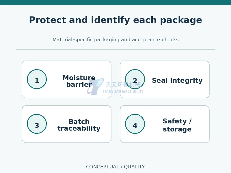 Conceptual package quality checks: moisture barrier, closure integrity, batch traceability and safety