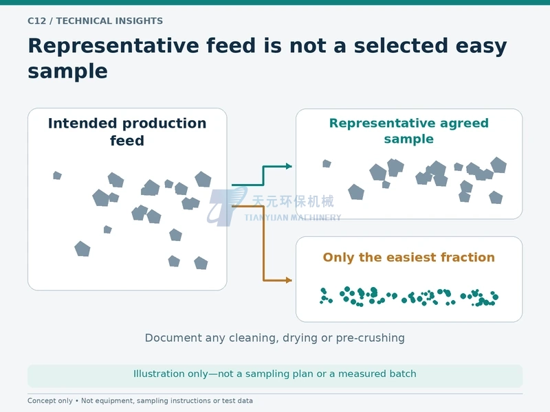 Conceptual distinction between representative production feed and selectively chosen easy-to-grind material
