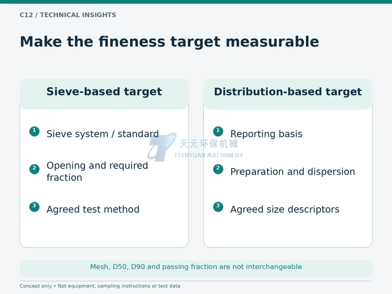 Sieve-based targets and particle-size-distribution targets require explicit measurement conditions