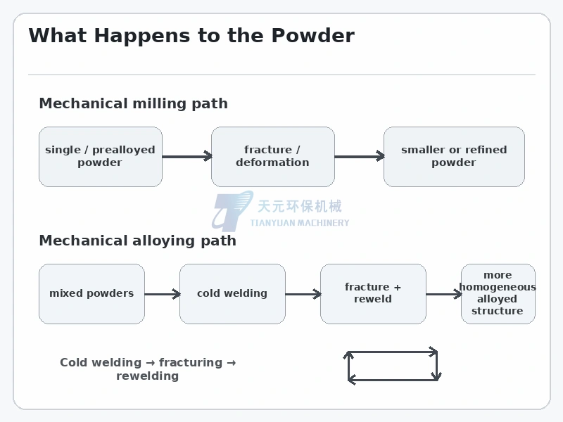 Powder mechanisms in mechanical milling and mechanical alloying showing fracture versus repeated cold welding fracturing and rewelding