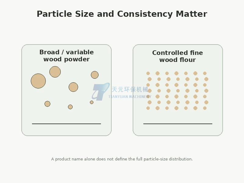 Comparison between variable wood powder particle sizes and a more controlled wood flour particle distribution