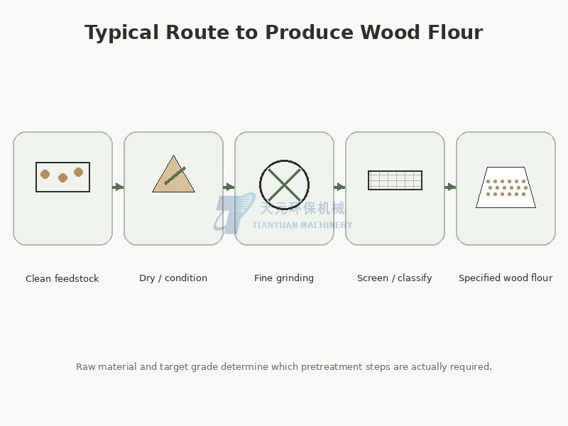 Typical wood flour production route from cleaned feedstock through drying fine grinding and classification