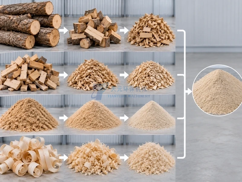 Different wood feedstocks including logs chips sawdust and shavings being progressively prepared for wood flour production