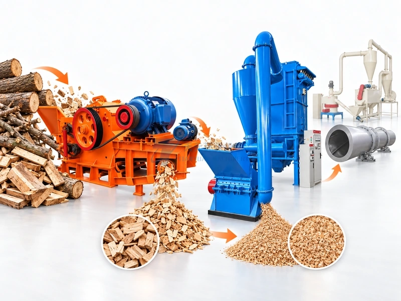 Moisture control drying and fine milling stages in a wood flour production line
