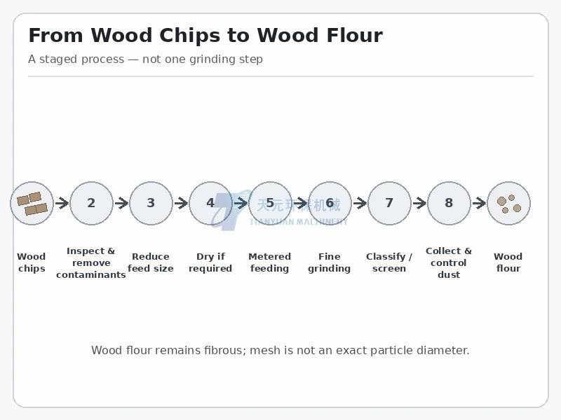 Wood Chips to Wood Flour Process: Preparation, Grinding and Quality Checks